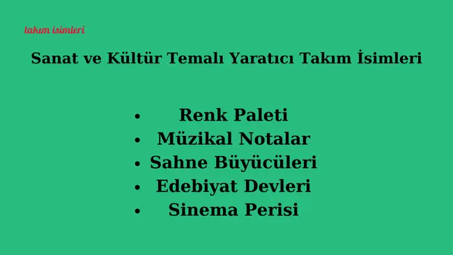 Sanat ve kültür temalı yaratıcı takım isimleri, takımınızın yaratıcılığını ve sanatsal yönünü vurgular. Bu isimler, özellikle sanat ve kültür odaklı ekipler için idealdir.